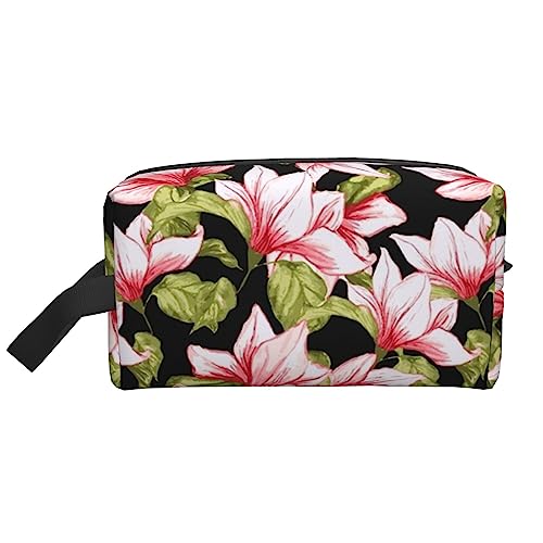 Reise-Make-up-Tasche mit Tragegriff, große Kapazität, tragbar, tragbar, für Damen und Mädchen, Schwarz und Weiß, Schönes rosa Blumenmuster, Einheitsgröße von VGFJHNDF