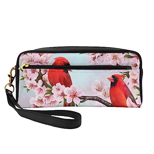 Reise-Make-up-Tasche mit Tragegriff, weich, vielseitig, PU-Leder, tragbar, für Damen und Mädchen, Braun gestreift, Red Birds Branch Blossom, Einheitsgröße von VGFJHNDF