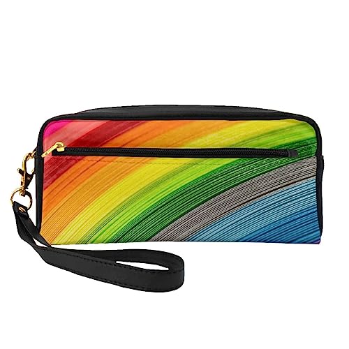 Reise-Make-up-Tasche mit Tragegriff, weich, vielseitig, PU-Leder, tragbar, für Damen und Mädchen, Braun gestreift, Regenbogenfarbene Streifen, Einheitsgröße von VGFJHNDF