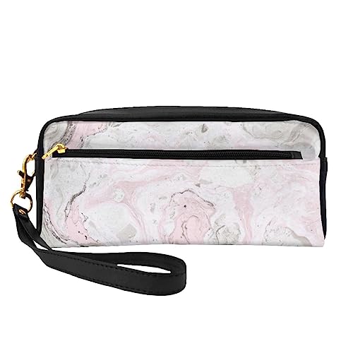 Reise-Make-up-Tasche mit Tragegriff, weich, vielseitig, PU-Leder, tragbar, für Damen und Mädchen, Braun gestreift, Rosa abstrakte Tinte marmoriert grau künstlerisch, Einheitsgröße von VGFJHNDF