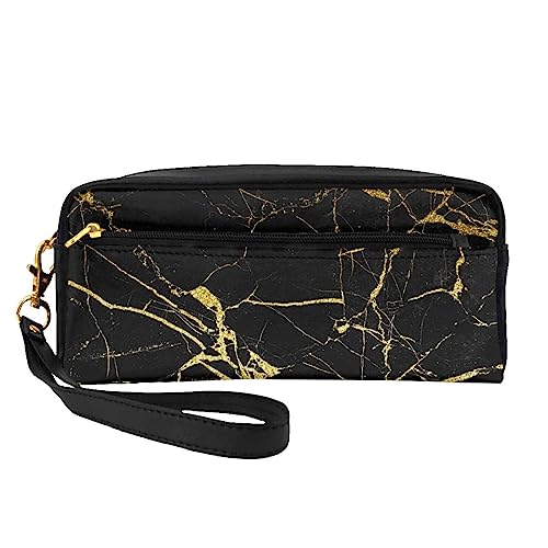 Reise-Make-up-Tasche mit Tragegriff, weiches und vielseitiges PU-Leder, tragbar, Kosmetiktasche für Damen und Mädchen, Camouflage-Grün, Schwarz Gold Marmor, Einheitsgröße von VGFJHNDF