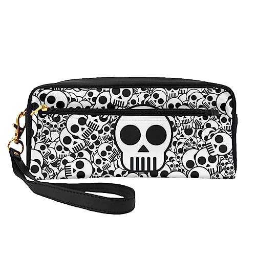 Reise-Make-up-Tasche mit Tragegriff, weiches und vielseitiges PU-Leder, tragbar, Kosmetiktasche für Damen und Mädchen, Geschenk, Schwarz und weiße Totenköpfe, Einheitsgröße von VGFJHNDF