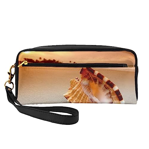 Reise-Make-up-Tasche mit Tragegriff, weiches und vielseitiges PU-Leder, tragbar, Kosmetiktasche für Damen und Mädchen, zwei Giraffen, die auf der Barren laufen, Sonnenuntergang über dem Meer mit der von VGFJHNDF