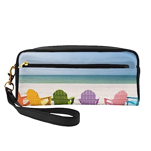 Reise-Make-up-Tasche mit Tragegriff, weiches und vielseitiges PU-Leder, tragbar, Kosmetiktasche für Damen und Mädchen, zwei Giraffen, die auf der Barren laufen, Stühle Beside The Blue Sea Sky, von VGFJHNDF