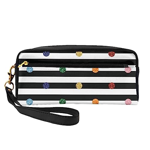 Reise-Make-up-Tasche mit Tragegriff, weiches und vielseitiges PU-Leder, tragbare Kosmetiktasche für Damen und Mädchen, Geschenk, Glitzer-Regenbogen-Punkt-Streifen, Schwarz und Weiß, Einheitsgröße von VGFJHNDF