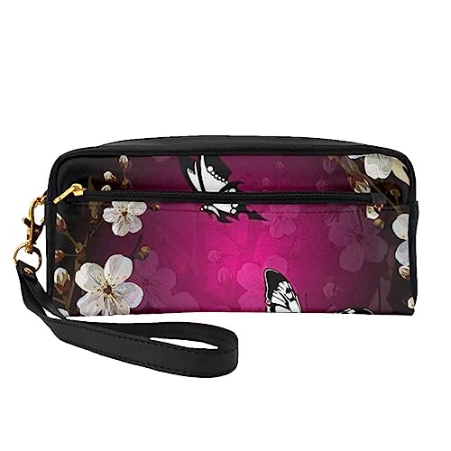 Reise-Make-up-Tasche mit Tragegriff, weiches und vielseitiges PU-Leder, tragbare Kosmetiktasche für Damen und Mädchen, mit Blumenmuster, Graphit, Schwarz-Weißer Schmetterling, Einheitsgröße von VGFJHNDF