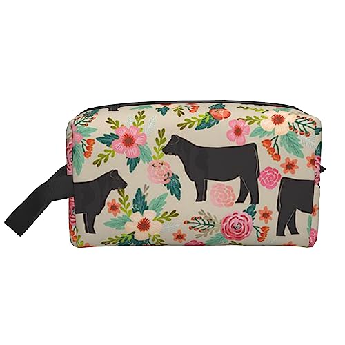 Reise-Make-up-Tasche mit Tragegurt, Motiv: Kühe und Rinder, große Kapazität, tragbar, für Damen und Mädchen, Pink, Pink Flower Show Steer Kühe Rinder 1, Einheitsgröße von VGFJHNDF