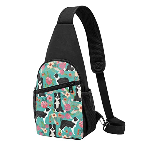 Rote Rosen Sling Bag Crossbody Rucksack Brustrucksack für Herren Damen, verstellbare linke und rechte Schulter, Wandern, lässiger Tagesrucksack, Border Collie Florals, Einheitsgröße von VGFJHNDF