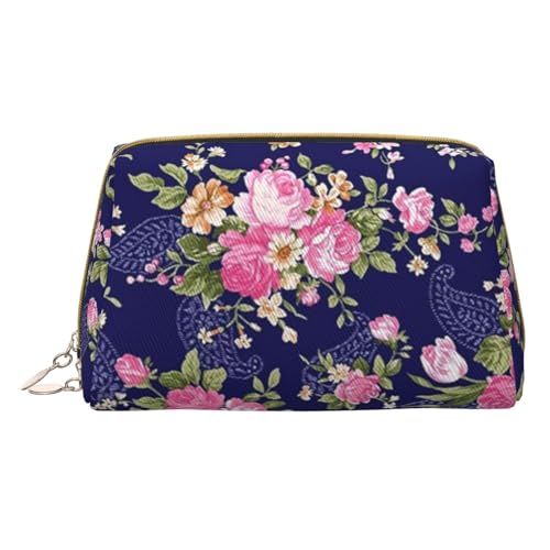 Rote schöne Blume bedruckte Leder Make-up Tasche für Frauen Mädchen - kleine tragbare Reise Kosmetik Organizer Kulturbeutel, Marineblauer Boden mit Blumenmuster, Einheitsgröße von VGFJHNDF