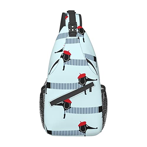 Rotwein Sling Bag Travel Crossbody Rucksack Brusttasche für Männer Frauen, verstellbare linke und rechte Schultern Wandern Casual Daypack, Pariser Dackel, Einheitsgröße von VGFJHNDF