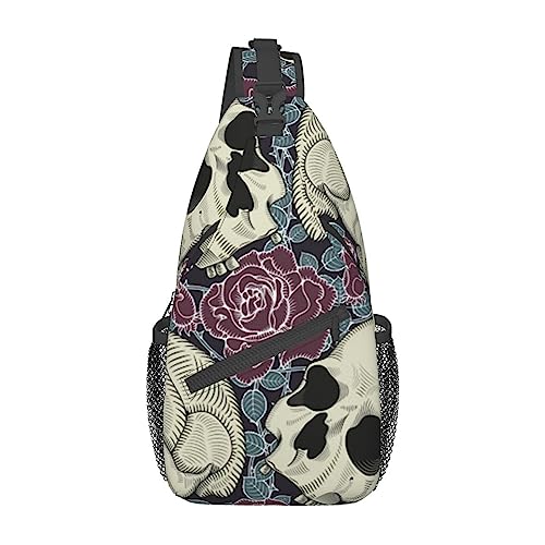 Schultertasche mit Mohnblumen-Motiv, Reise-Umhängetasche, Brusttasche, für Männer und Frauen, verstellbare linke und rechte Schultern, Wandern, lässiger Tagesrucksack, Totenkopf Blumen, Einheitsgröße von VGFJHNDF