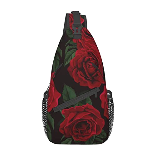 Schwarze Marmor-Schultertasche, Reise-Umhängetasche, Brusttasche, Brusttasche, für Männer und Frauen, verstellbare linke und rechte Schultern, Wandern, lässiger Tagesrucksack, rote rose, Einheitsgröße von VGFJHNDF