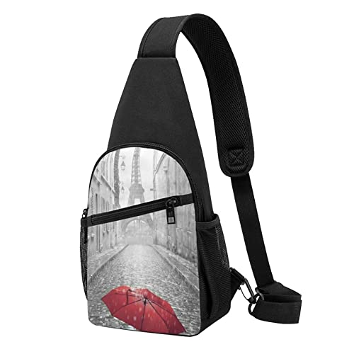 Schwarzer Marmor-Schultertasche, Crossbody-Rucksack, Brusttasche für Männer und Frauen, verstellbare linke und rechte Schulter, Wandern, lässiger Tagesrucksack, Regenschirm Eiffelturm Paris Street Rot, Einheitsgröße von VGFJHNDF