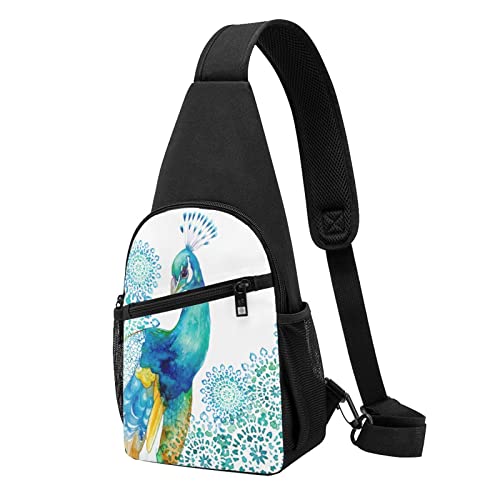 Schwarzer Marmor-Schultertasche, Crossbody-Rucksack, Brusttasche für Männer und Frauen, verstellbare linke und rechte Schulter, Wandern, lässiger Tagesrucksack, Schöner Pfau und Blumen, Einheitsgröße von VGFJHNDF