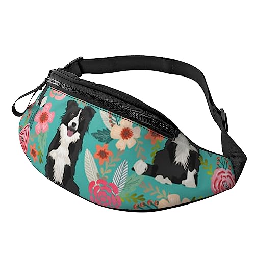 Sport-Hüfttasche mit pinkem Flamingomuster, mit Reißverschluss und Kopfhörerloch, Laufgürteltasche mit verstellbarem Gürtel für Damen und Herren, Border Collie Florals, Einheitsgröße von VGFJHNDF