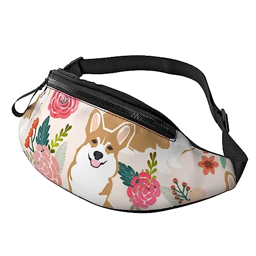 Sport-Hüfttasche mit pinkem Flamingomuster, mit Reißverschluss und Kopfhörerloch, Laufgürteltasche mit verstellbarem Gürtel für Damen und Herren, Corgi Floral Flowers, Einheitsgröße von VGFJHNDF