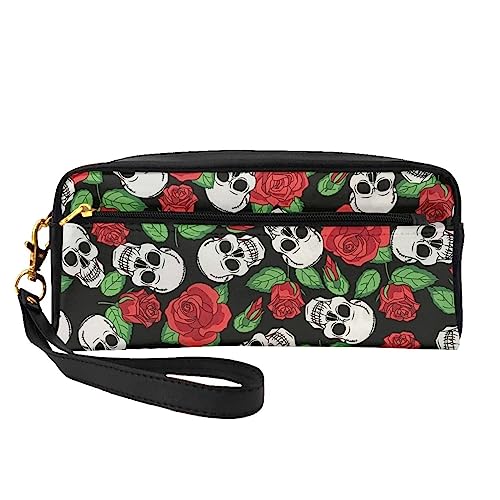 Tasty Pizza Reise-Make-up-Tasche mit Griffschlaufe – weiches und vielseitiges PU-Leder, tragbare Kosmetiktasche für Damen und Mädchen, Geschenk, Totenköpfe und Rosen, Einheitsgröße von VGFJHNDF