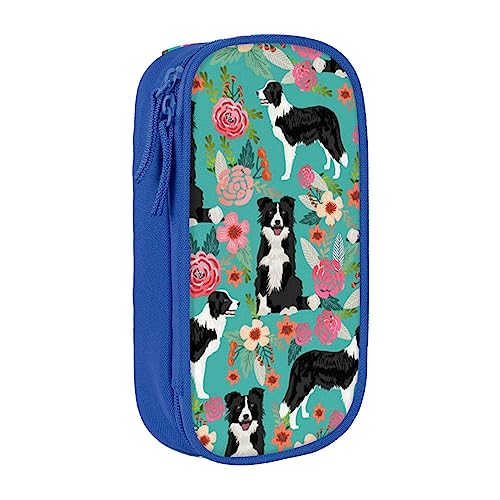 VGFJHNDF Border Collie Federmäppchen mit Blumenmotiv, Stiftebox, Organizer für Büro, Uni, Schule, Erwachsene, Teenager, Mädchen, Jungen, Schwarz, blau, Einheitsgröße, Make-up-Tasche von VGFJHNDF