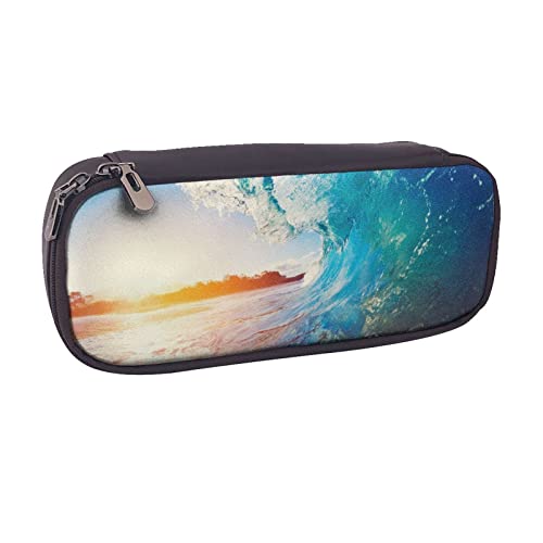 VGFJHNDF Federmäppchen aus Leder, Motiv: Strandwelle, Sonnenuntergang, Flip-Bleistiftbox, Schule, Stifttasche, Büro, Make-up-Tasche, Organizer für Männer, Frauen, Mädchen, Jungen, Sunset Sea Surfen von VGFJHNDF