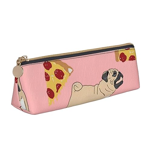 VGFJHNDF Federmäppchen aus Leder, dreieckig, mit Reißverschluss, minimalistisches Federmäppchen und Make-up-Tasche für Männer, Frauen, Mädchen, Jungen, Gelb / Zitronengelb, Mops Pizza Rosa, von VGFJHNDF