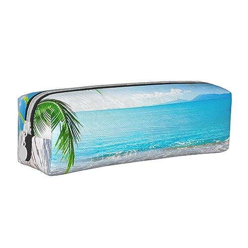 VGFJHNDF Federmäppchen aus Leder mit britischer Flagge, mit Reißverschluss, minimalistisches Federmäppchen und Make-up-Tasche für Männer, Frauen, Mädchen, Jungen, Ocean Sea Beach Palmblätter, von VGFJHNDF