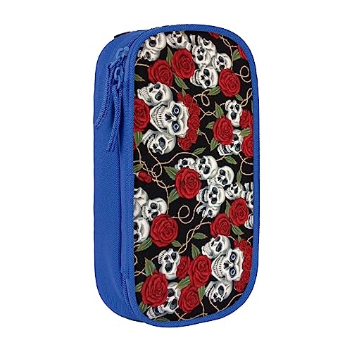 VGFJHNDF Federmäppchen mit Totenkopf- und Rosenmotiv, für Büro, Uni, Schule, Erwachsene, Teenager, Mädchen, Jungen, Schwarz, blau, Einheitsgröße, Make-up-Tasche von VGFJHNDF