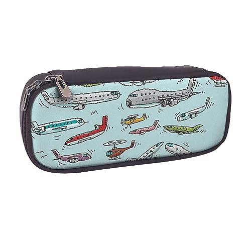 VGFJHNDF Grüne tropische Pflanze Leder Federmäppchen Flip Bleistift Box College Schule Stifttasche Beutel Büro Make-up Tasche Organizer für Männer Frauen Mädchen Jungen, Cartoon Flugzeug, von VGFJHNDF