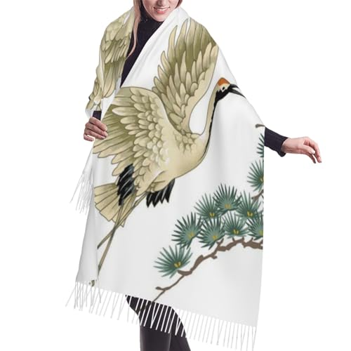 VGFJHNDF Japanische Kraniche Fliegen Gedruckt Weiche Warme Quaste Schal Und Schal Wrap 196x68 Cm- Damen Schals, Schal Wraps, Winterwickel, Halstücher, Japanische Kraniche Fliegen, One size von VGFJHNDF