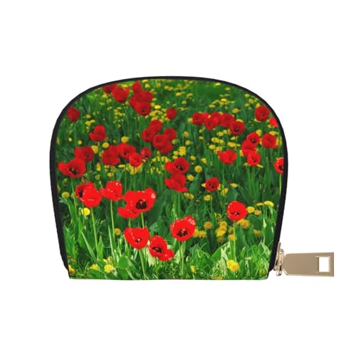 VGFJHNDF Klassische Ledergeldbörse mit Kartenhalter, Motiv: Sonnenblumen, Sonnenuntergang, Sonnenlicht, Landschaft, bedruckt, stilvolles Geschenk für Männer und Frauen, Red Poppy Field Farm Wiese von VGFJHNDF