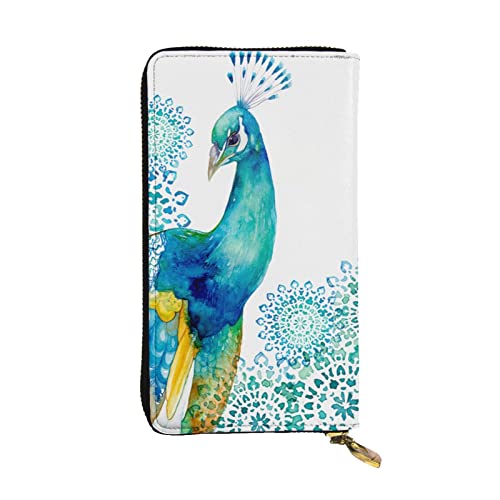 VGFJHNDF Lange Ledergeldbörse mit schwarzem Marmor-Aufdruck, 12 Kreditkartenfächer, 4 Geldfächer, 1 Münzfach mit Reißverschluss, Schöner Pfau und Blumen, Einheitsgröße von VGFJHNDF