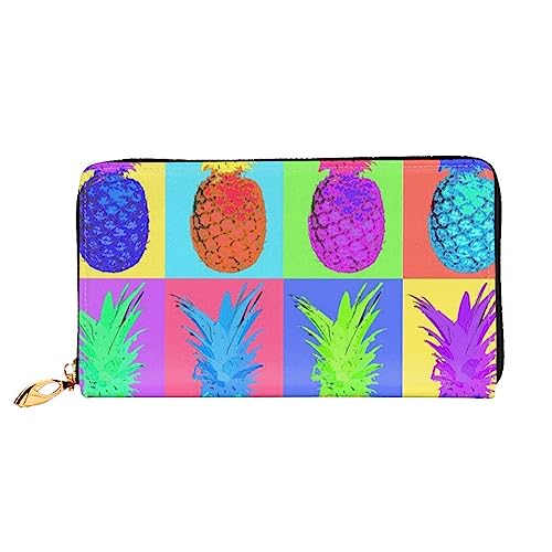 VGFJHNDF Lustige grüne Frösche bedruckte Ledergeldbörse, stilvolle lange Jacke, Geldbörse, 12 Kartenfächer, 4 Geldfächer, 1 Münzfach mit Reißverschluss, Bunte Ananas, Einheitsgröße von VGFJHNDF