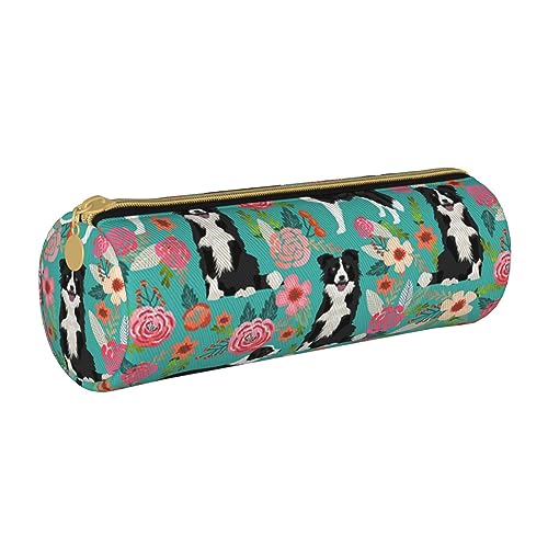 VGFJHNDF Pinkes Flamingomuster, rundes Federmäppchen aus Leder, mit Reißverschluss, minimalistisches Federmäppchen und Make-up-Tasche für Männer, Frauen, Mädchen, Jungen, Border Collie Florals, von VGFJHNDF