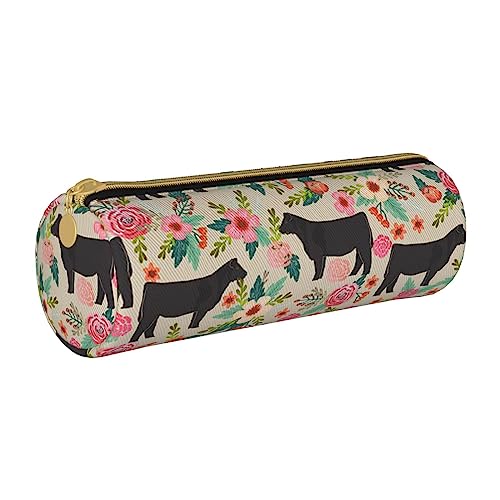 VGFJHNDF Pinkes Flamingomuster, rundes Federmäppchen aus Leder, mit Reißverschluss, minimalistisches Federmäppchen und Make-up-Tasche für Männer, Frauen, Mädchen, Jungen, Pink Flower Show Steer Cows von VGFJHNDF