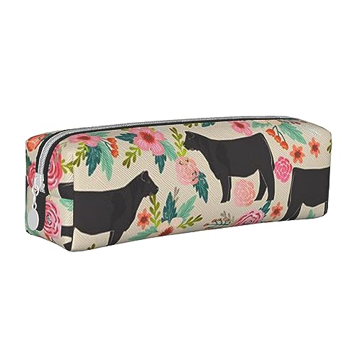 VGFJHNDF Pinkes Flamingomuster Leder Federmäppchen Reißverschluss Federmäppchen - Schule Minimalistisches Federmäppchen und Make-up-Tasche für Männer Frauen Mädchen Jungen, Pink Flower Show Steer Cows von VGFJHNDF