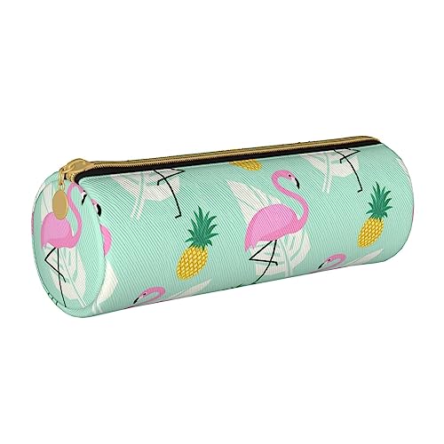 VGFJHNDF Schwarzes und weißes gepunktetes Leder rundes Federmäppchen mit Reißverschluss – minimalistisches Federmäppchen und Make-up-Tasche für Männer, Frauen, Mädchen, Jungen, Pinke Flamingo Ananas, von VGFJHNDF