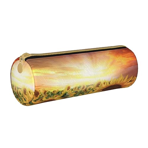 VGFJHNDF Sunflowers Sunset Sunlight Landscape Leather Round Pencil Case Zipper Pencil Box - School Minimalist Pen Case and Makeup Bag for Men Women Girls Boys, Sonnenblumen Sonnenuntergang Sonnenlicht von VGFJHNDF