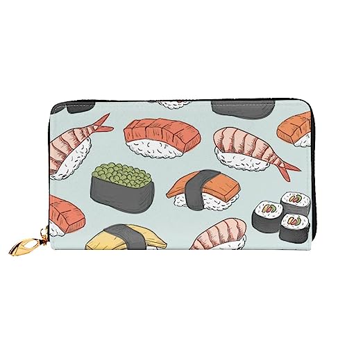 VGFJHNDF Sushi-bedruckte Ledergeldbörse stilvolle lange Jacke Geldbörse, 12 Kreditkartenfächer, 4 Bargeldfächer, 1 Münzfach mit Reißverschluss, Sushi, Einheitsgröße von VGFJHNDF