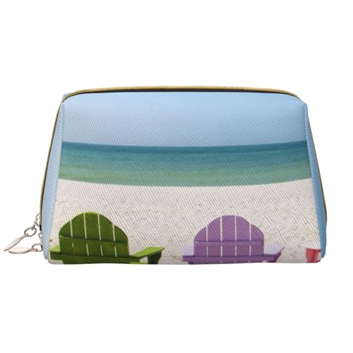 Weihnachten Winter Landschaft Hirsch Gedruckt Leder Make-up Tasche für Frauen Mädchen - Tragbare Reise Kosmetik Organizer Kulturbeutel, Stühle Beside The Blue Sea Sky, Einheitsgröße von VGFJHNDF