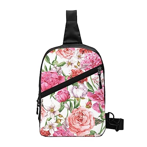 Wimpern-Schultertasche, faltbar, Crossbody-Rucksack, Brusttasche für Männer und Frauen, verstellbare linke und rechte Schulter, Sport, lässiger Tagesrucksack, Gartenpfingstrosen, Einheitsgröße von VGFJHNDF