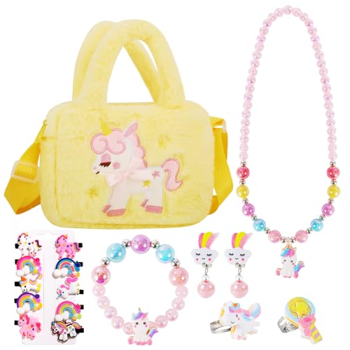 VGMANNTA Einhorn Geschenke für Mädchen Einhorn Spielzeug Geschenk Mädchen 5 Jahre Geburtstagsgeschenk Handtasche Mädchen Unicorn Kinder Schmuckset Mädchen Kinderschmuck Prinzessin Spielzeug-Gelb von VGMANNTA