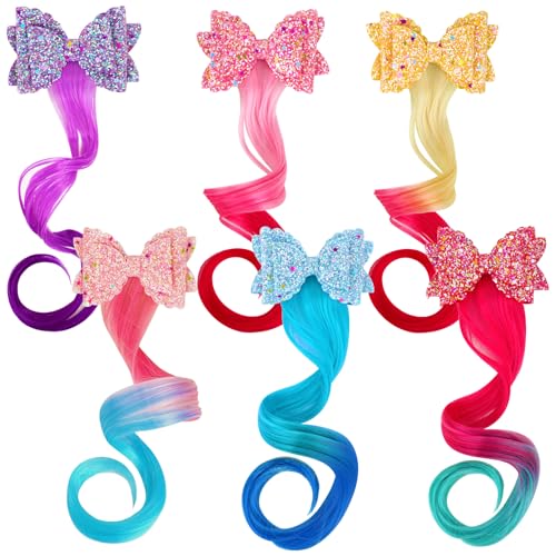 VGMANNTA Haarspangen Mädchen Bogen Haarsträhnen Kinder 6 Stück Haarschmuck Mädchen für Haarverlängerung Glitzer Haarsträhnen zum Einflechten Bunt Haarklammern Mädchen Party Ankleiden von VGMANNTA