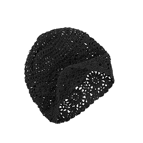 VGOL Beanie Mütze handgefertigt Damen Baumwolle Strick Ausschnitt VintageBlumenmuster gehäkelt Slouchy Skull Cap für 52–58 cm Kopfumfang Frühling Sommer Herbst Schwarz von VGOL