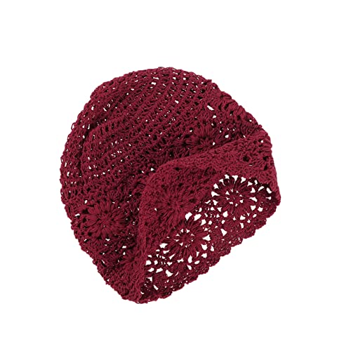 VGOL Beanie Mütze handgefertigt Damen Baumwolle gestrickt Ausschnitt Vintage Blumenmuster gehäkelt Slouchy Skull Cap für 52–58 cm Kopfumfang Frühling Sommer Herbst Bordeaux von VGOL