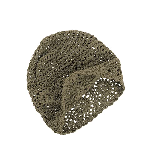 VGOL Beanie Mütze handgefertigt Damen Baumwolle gestrickt Ausschnitt Vintage Blumenmuster gehäkelt Slouchy Skull Cap für 52–58 cm Kopfumfang Frühling Sommer Herbst Khaki von VGOL