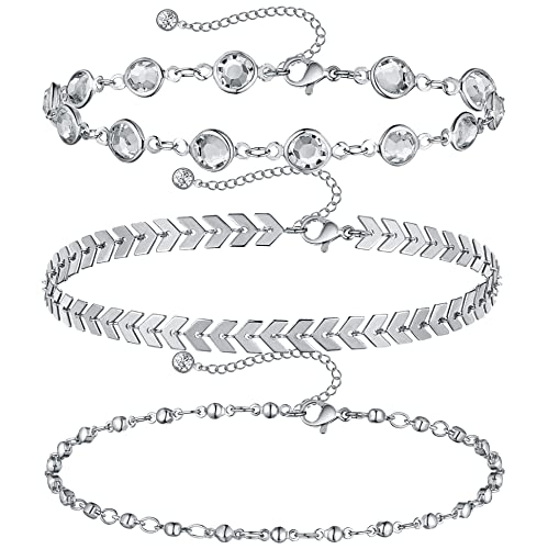 VGWON Damen Silber Edelstahl Fußkettchen, 15K Gold Plattiert Fußkettchen, Tennis Silber Perlen Quarz Zirkonia Fußkettchen Set von VGWON
