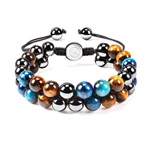 VGWON Herren Damen Armband mit Dreifachschutz 8/10mm Schwarz Blau Hämatit Tigerauge Armband Heilung Naturstein Perlenarmband für Männer Bringt Glück und Wohlstand von VGWON