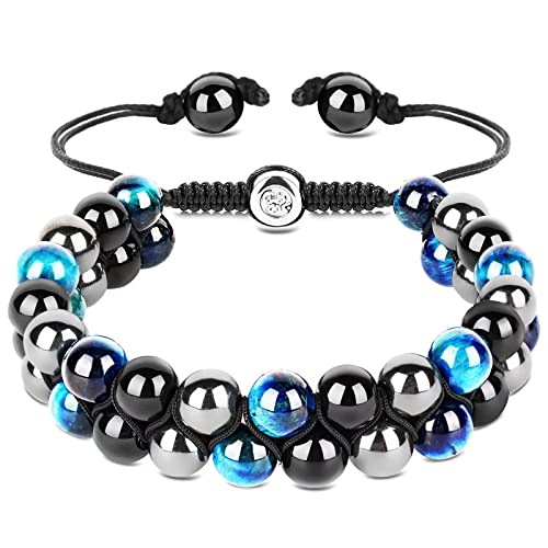 VGWON Herren Damen Armband mit Dreifachschutz 8/10mm Schwarz Blau Hämatit Tigerauge Armband Heilung Naturstein Perlenarmband für Männer Bringt Glück und Wohlstand von VGWON