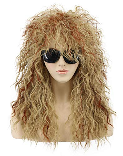 VGbeaty 70er 80er Jahre Vokuhila Perücke Damen Lang Lockig Blond Mix Rot Punk Rocker Perücke Kostüm Perücke von VGbeaty