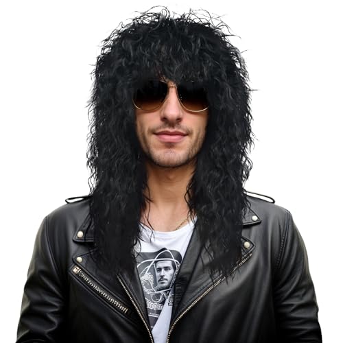 VGbeaty 80er Jahre Rocker Vokuhila Perücke Long Wave Schwarz Erwachsene Männer Anime Perücke von VGbeaty