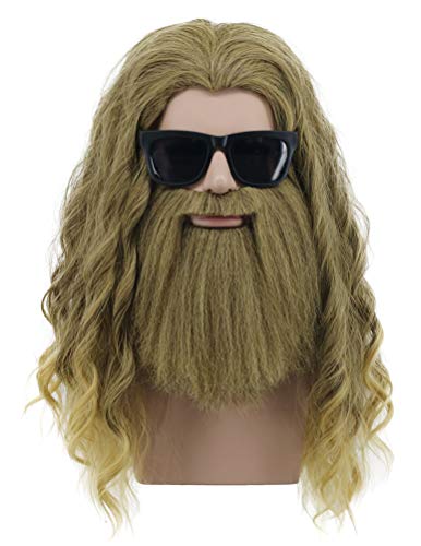 VGbeaty Erwachsene Perücke Lange Lockige Goldbraun Schnurrbart Bart Perücke Cosplay Anime Kostüm Party von VGbeaty